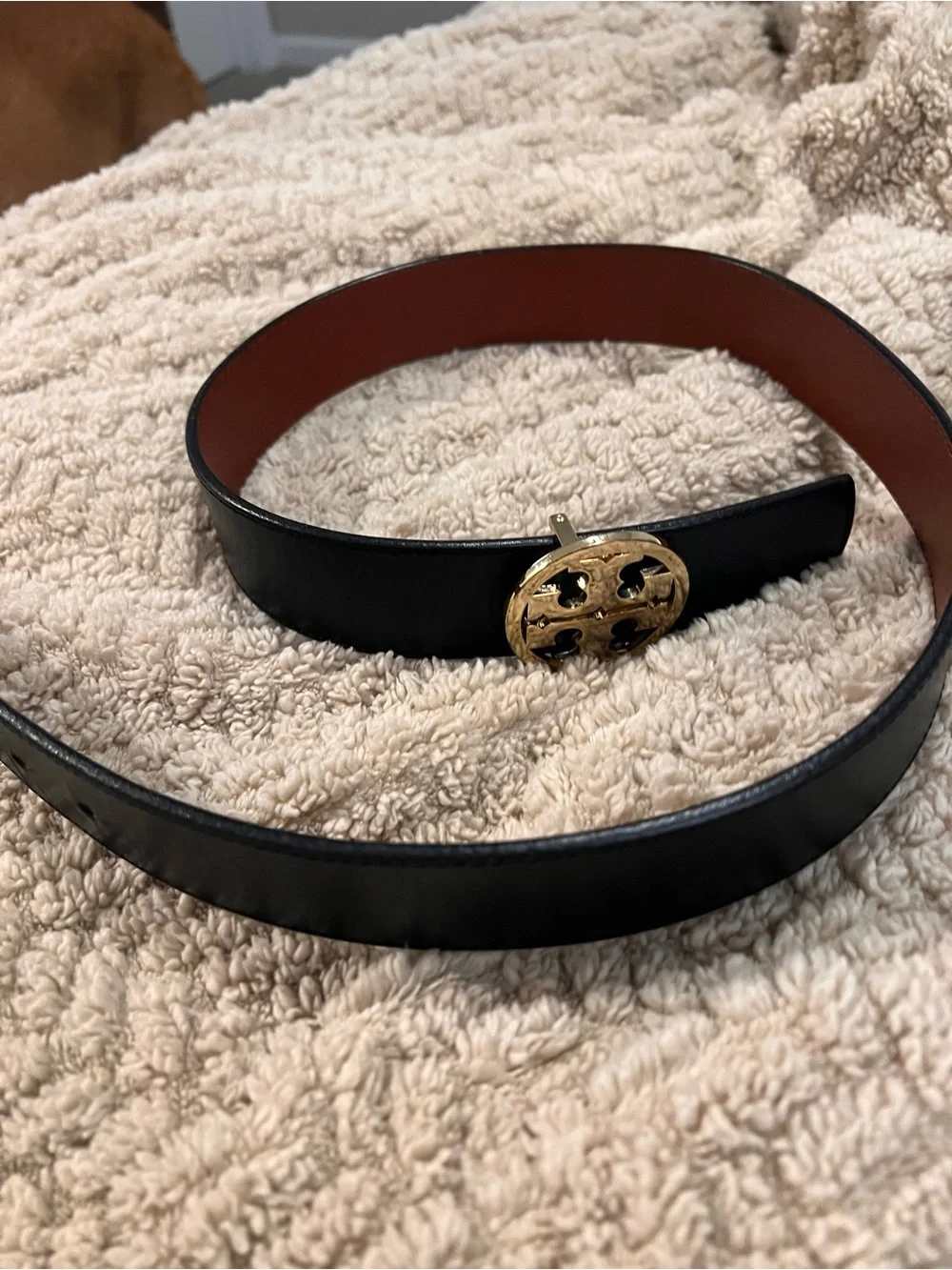 Tory Burch Brown/Black reversible Leather Belt with Gold Logo Buckle